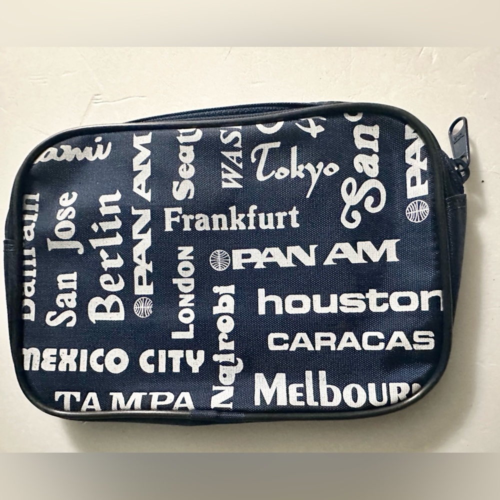 RARE NOS Vintage 80s Pan Am Airlines 1980s Blue Amenity Bag Travel Cities 9x6x2” - Picture 9 of 15